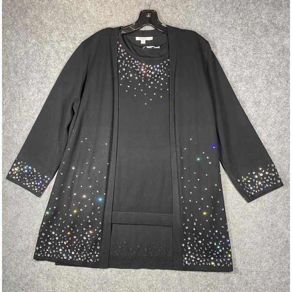 Chico's Sweater Set Womens 1 X Black Rhinestone Tank Cardigan Twinset Holiday - Picture 1 of 16